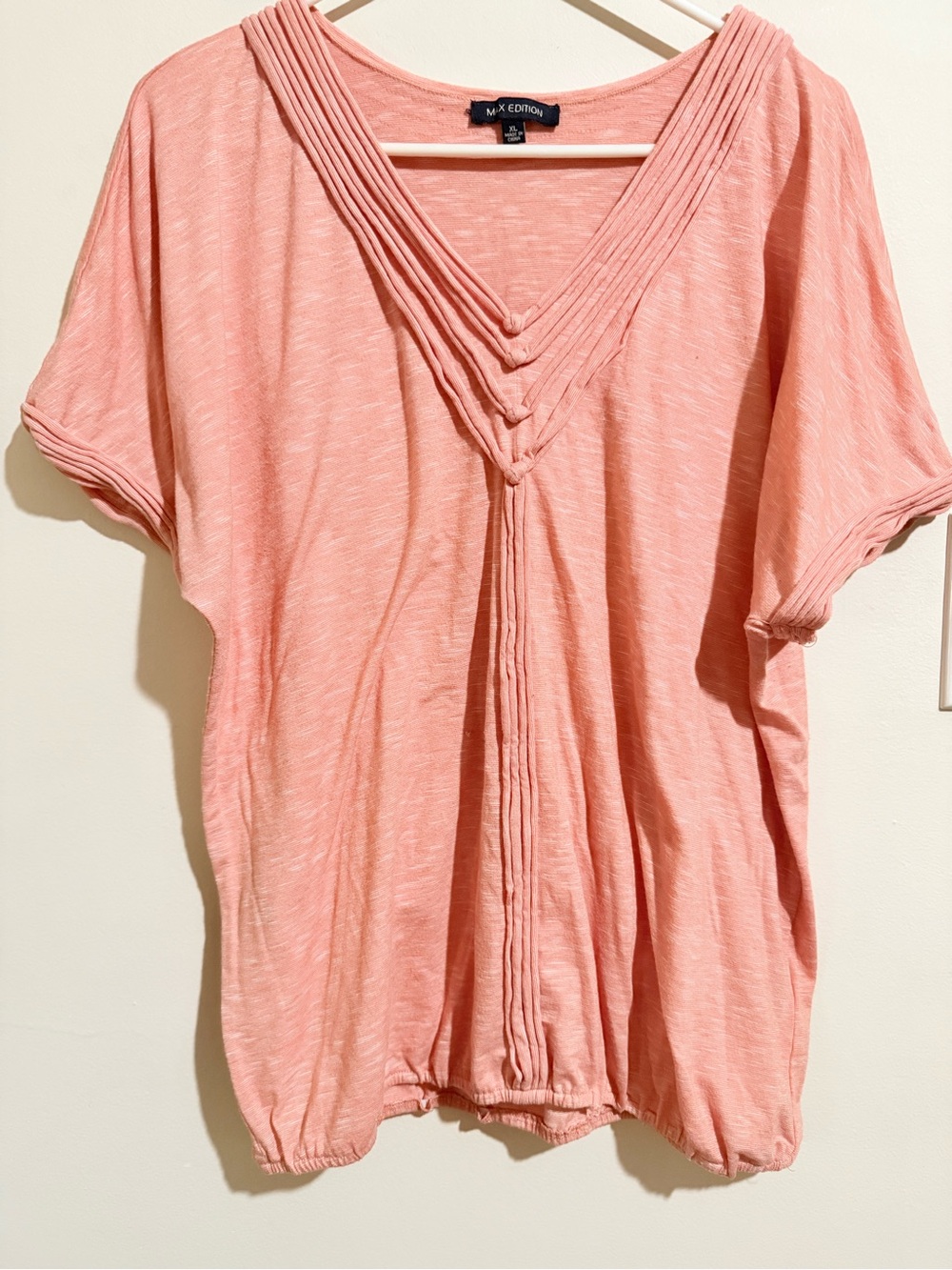 Max Edition Peach-Pink Pleated V-Neck Short Sleeve Tunic